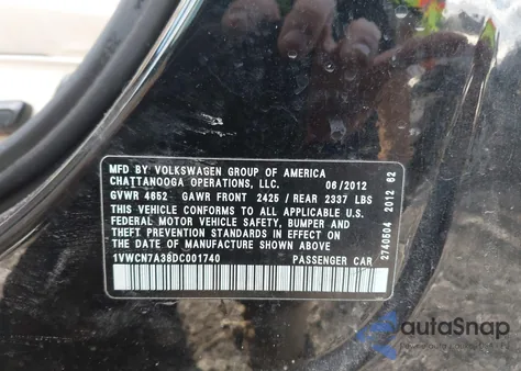 2013 Volkswagen Passat 2.0L Tdi Sel Premium z USA, uszkodzony, nr VIN 1VWCN7A38DC001740